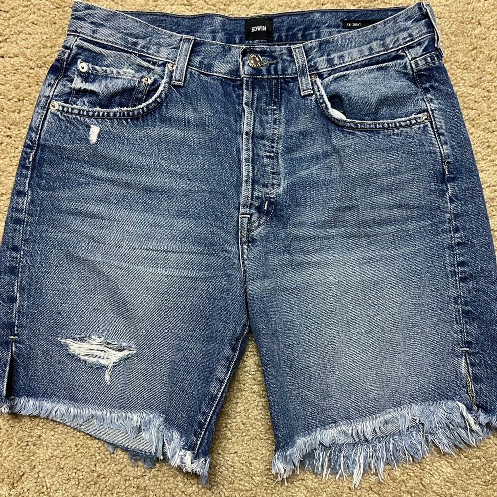Edwin Blue Distressed Jean Shorts